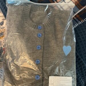 SHEIN Gray Cardigan with Blue Buttons and Heart Patch